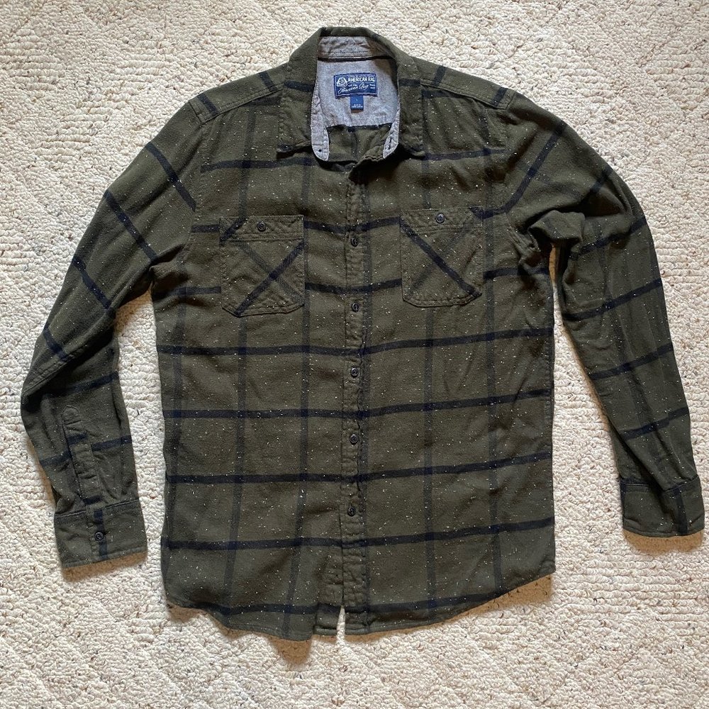American Rag Olive Green & Black Plaid Flannel Utility Shirt, Size Large